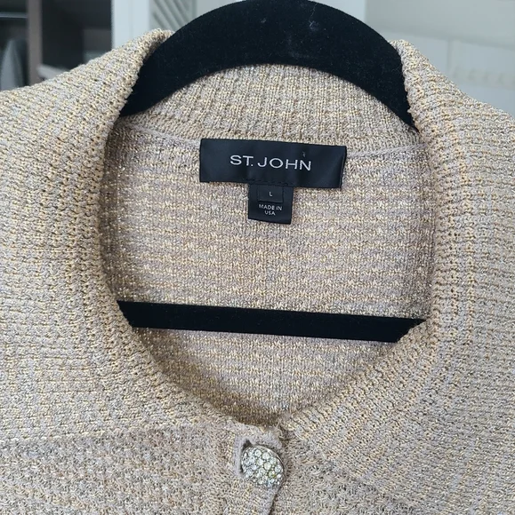 St. John Gold Silver Threading Blazer Jacket Sweater Rhinestone Buttons Size L - Picture 2 of 4